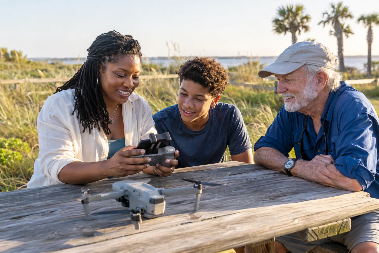 Illustration of a mentor, teenager and older learner sharing a drone activity.