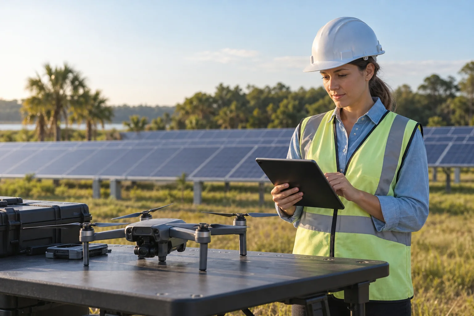 Illustration of an engineer with a tablet beside a grounded drone and solar panels.